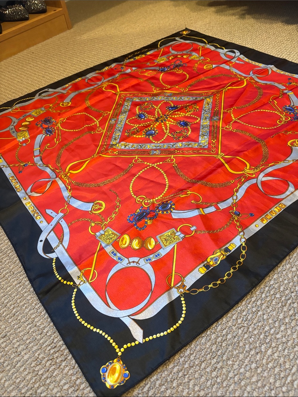 Luxury Red and Black Chain-Print Silk Scarf